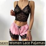 Сексуальна жіноча мереживна піжама топ із низьким вирізом і шовковисті шорти Ice