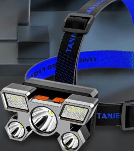 Налобный перезаряжаемый фонарь с пятью головками  со встроенным аккумулятором